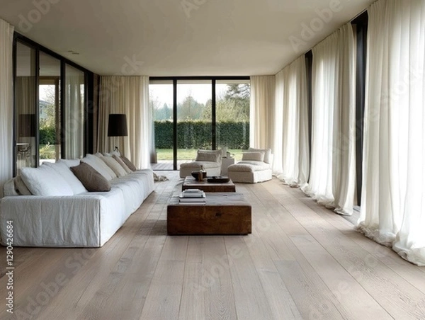 Fototapeta Wooden floor in a modern living room with white curtains and large windows.
