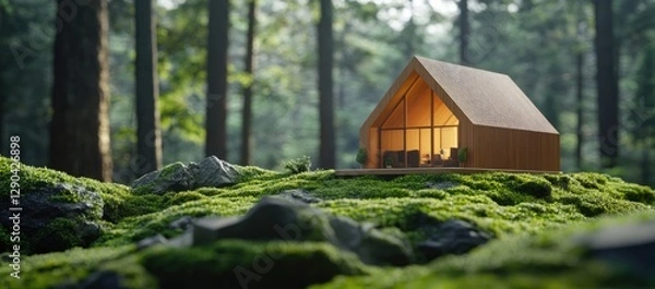 Fototapeta Wooden house model on green moss in a forest with a blurred background of a natural landscape. This concept represents eco-friendly living and home energy efficiency.