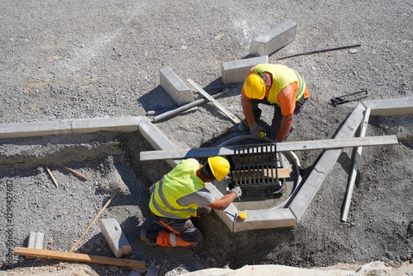 Fototapeta Top view of workers installing concrete road curbs around water drainage at highway construction site