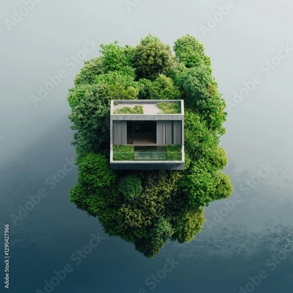 Fototapeta Luminescent floating forest island ecohouse a serene retreat over water in nature's embrace