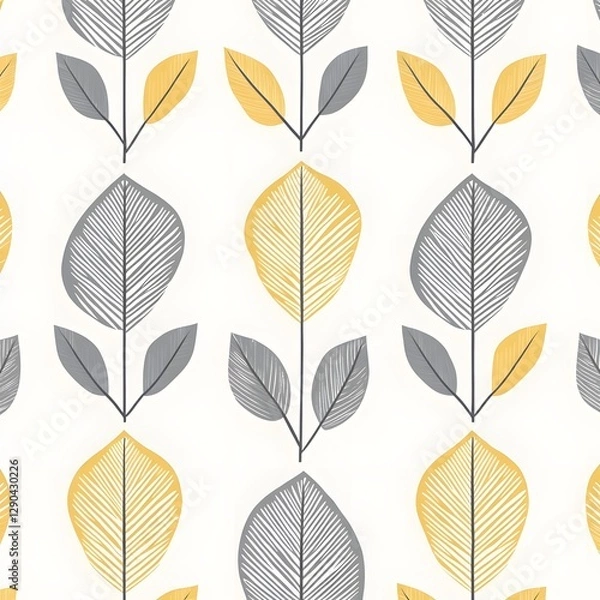 Fototapeta Seamless Minimalist Botanical Leaf Pattern in Neutral Gray and Yellow Tones
