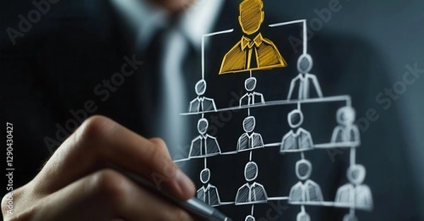 Fototapeta Hierarchical Chart Visualization: Man in suit touches a hand-drawn organizational chart, emphasizing the leadership role at the top.