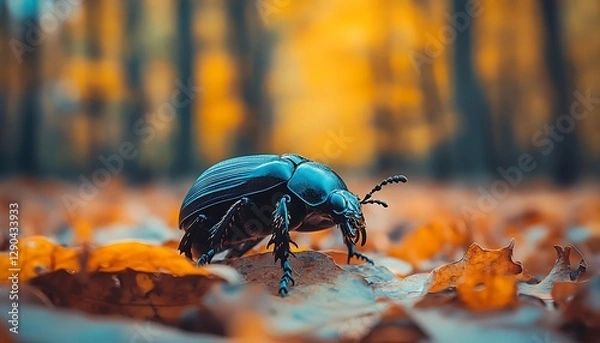 Obraz Autumn beetle in forest leaves