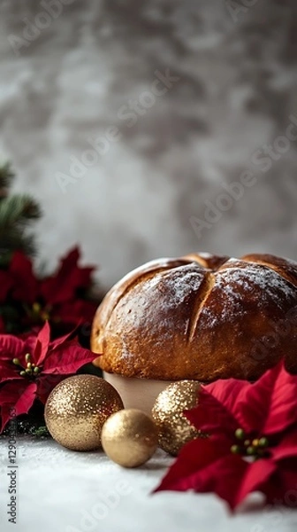 Obraz Festive bread, Christmas decorations, textured background