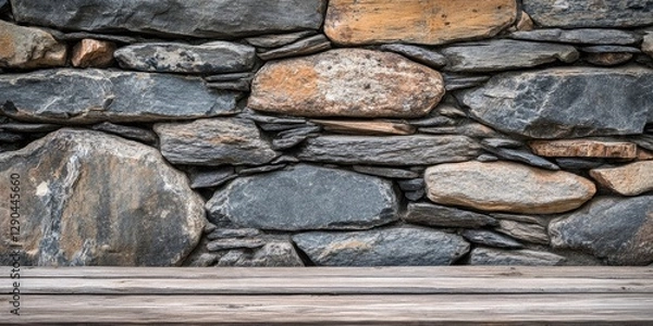 Fototapeta Natural backdrop showcasing a textured stone wall with earthy tones of gray and brown, complemented by a wooden ledge in the foreground.