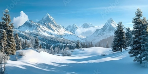 Fototapeta Winter wonderland with evergreen trees in the foreground and majestic snow-capped mountains under a clear blue sky in a serene landscape
