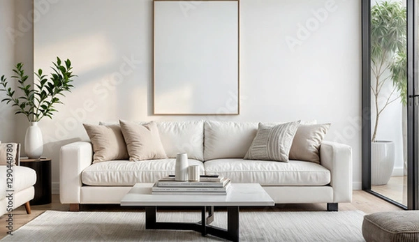 Fototapeta The image shows a modern living room with a white sofa decorated with beige and patterned pillows, a white coffee table with decorative items, and an empty framed photo on the wall.	
