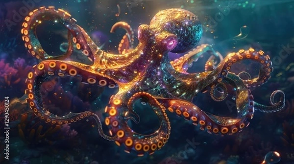 Fototapeta Glittering Octopus in a Deep Sea Dreamscape