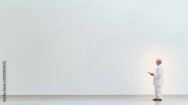 Fototapeta Minimalist Hospital Scene Side-Profile Doctor Analyzing Digital Patient Data on Tablet Innovation in Modern Healthcare Technology for Enhanced Patient Care