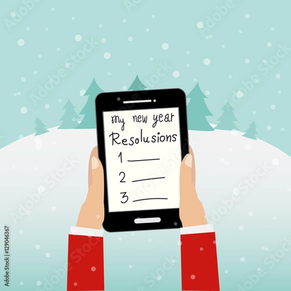 Fototapeta People hodling the smartphone for new year resolutions vector. i