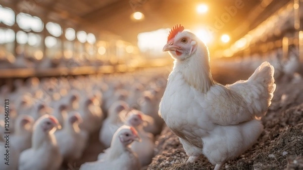 Fototapeta White broiler chicken standing in a big poultry farm at sunset