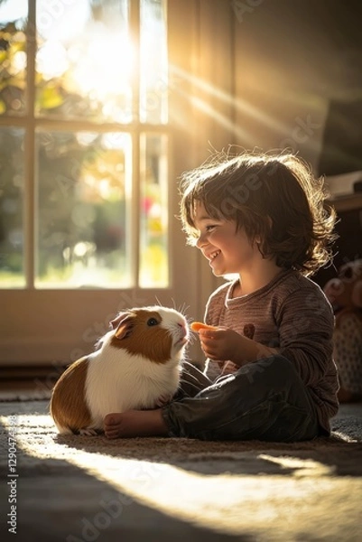 Obraz A child and their guinea pig sit in a sunlit room, The guinea pig nibbles on a carrot while the child smiles, Generative AI