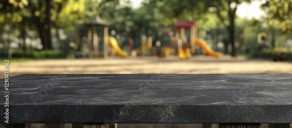 Obraz Vacant black stone countertop in the foreground with blurred colorful playground slides and trees in the background ideal for product display