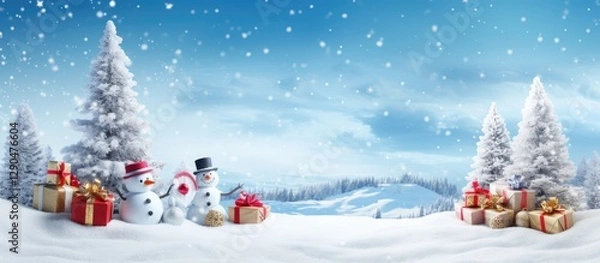 Fototapeta Festive winter landscape featuring cheerful snowmen wearing hats alongside colorful gift boxes under a bright blue sky with falling snowflakes