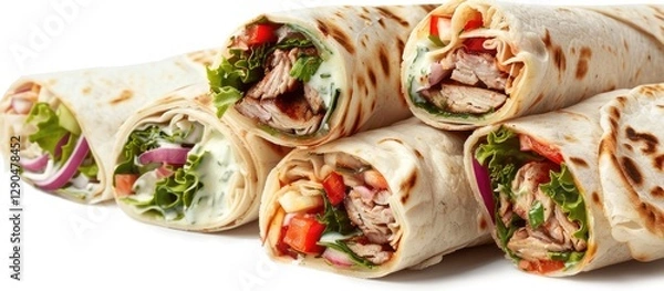 Fototapeta Sliced Turkish wraps filled with meat, veggies, and yogurt sauce arranged in a staggered line with a white background emphasizing freshness and flavor.
