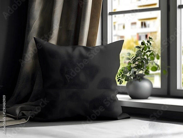 Fototapeta Decorative black pillow resting on a sunny windowsill near a window