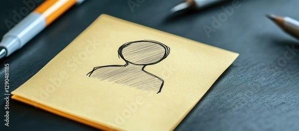 Fototapeta Empty sticky note with a sketched silhouette of a person on a dark surface, accompanied by pens in vibrant orange and silver tones.