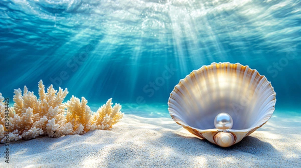 Obraz White mollusk shell with pearl on the bottom of a transparent ocean or blue sea. Vertical template design for advertising tourism, vacation and travel to the sea with space for text