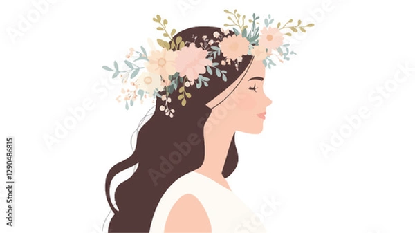 Obraz Digital illustration of a woman's profile, facing right. She has long brown hair and is wearing a crown of pastel-colored flowers and greenery.  The style is minimalist and vector-based,