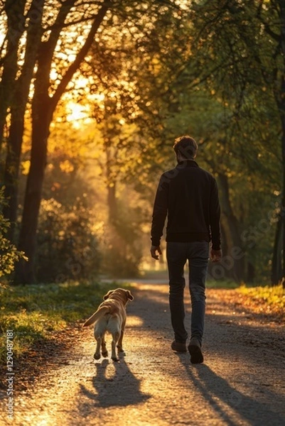 Obraz A man takes a peaceful evening walk with his dog along a tree-lined path, The dog happily wags its tail with every step, Generative AI