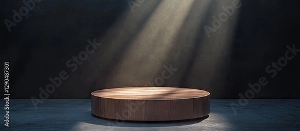 Fototapeta Circular wooden podium in a dimly lit room, illuminated by beams of soft light, positioned centrally against a dark textured wall.