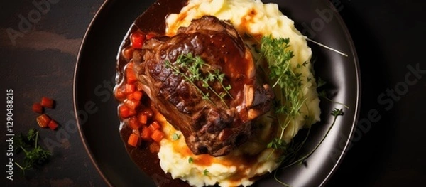Fototapeta Top view of osso buco veal shank on creamy mashed potatoes garnished with herbs on a dark plate against a black background for copy space