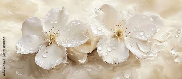 Fototapeta Delicate white flowers with dew drops placed symmetrically on soft cream background creating an elegant and serene floral composition.
