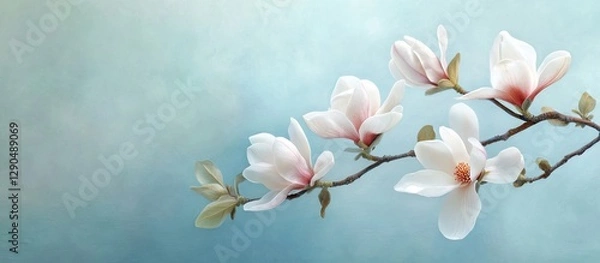 Fototapeta Magnolia branch with delicate pink and white blossoms positioned on the left against a soft blue backdrop creating a serene floral composition