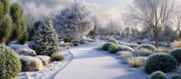 Fototapeta Winter garden scene featuring evergreen trees and frosted shrubs blanketed in fresh snow with a peaceful pathway and soft morning light.