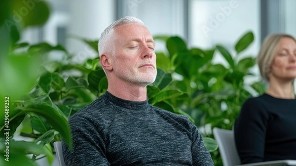 Fototapeta Relaxed adults meditating in office with plants. Possible use Stock photo for articles on mindfulness, wellness, and office environments