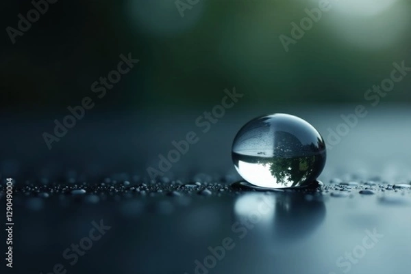 Fototapeta A Transparent Sphere Reflecting a Verdant Landscape on a Dark, Dew-Kissed Surface