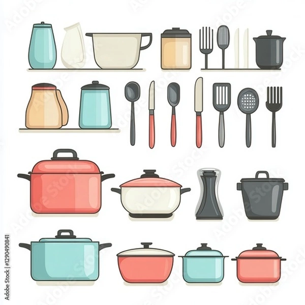 Obraz Colorful Kitchen Utensils and Cookware Collection for Culinary Use