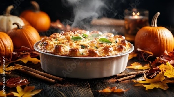 Fototapeta Bread pudding centerpiece surrounded by pumpkins, cinnamon sticks, and autumn leaves on a dark wooden table, steam rising gently