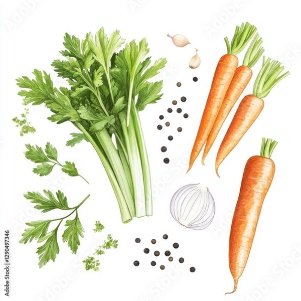 Fototapeta Fresh Celery, Carrots, Garlic, Parsley, and Onion - Soup Ingredients