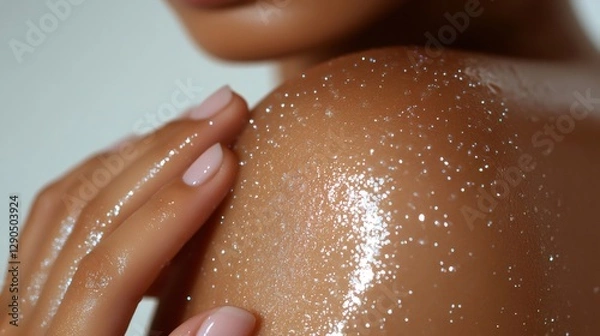 Obraz Woman applying shimmering body oil on shoulder, beauty and skincare routine
