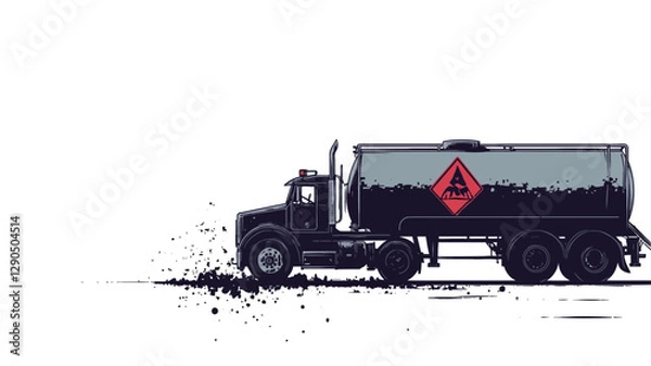 Fototapeta A stylized vector illustration of a tanker truck in motion against a white background. The truck is depicted in shades of black and grey, with a motion blur effect suggesting movement.  The