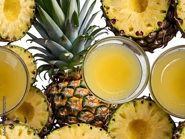 Fototapeta Pineapple juice in a clear glass and bottle on a light table. Half a pineapple and slices in the background. Palm leaves on a light background
