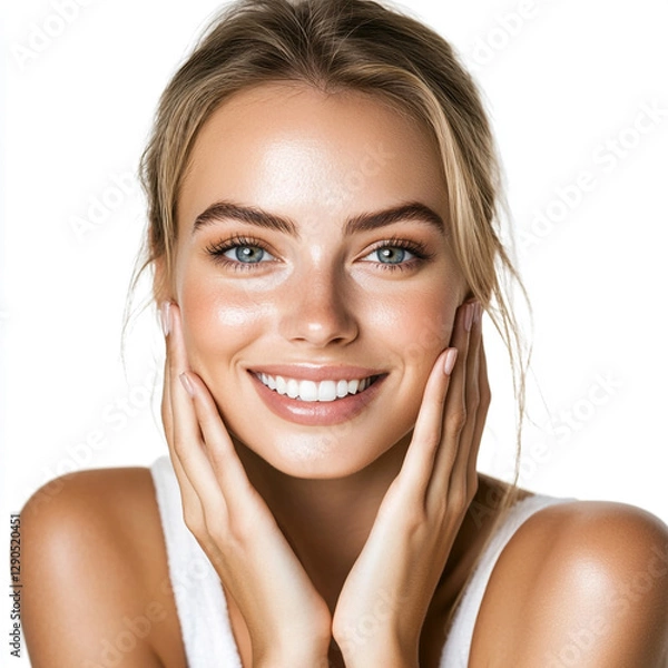Obraz A real studio image of a smiling, beautiful Caucasian woman with clear, radiant skin, gently touching her cheeks. Set against a clean, white background, perfect for beauty and skincare concepts.