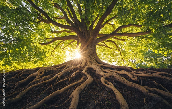 Fototapeta Image of a tree with strong roots, symbolizing a holistic health approach, incorporating stress management techniques, bolstered by health literacy education. 