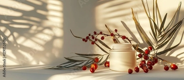 Obraz Natural skincare product in a cream jar with red berries and green leaves casting soft shadows on a beige background in warm light.