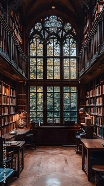 Fototapeta Majestic Library Interior with Large Gothic Window and Bookshelves
