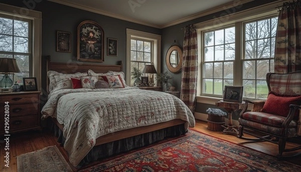Fototapeta Vintage Cluttercore Bedroom with Floral Bedding and Cozy Decor