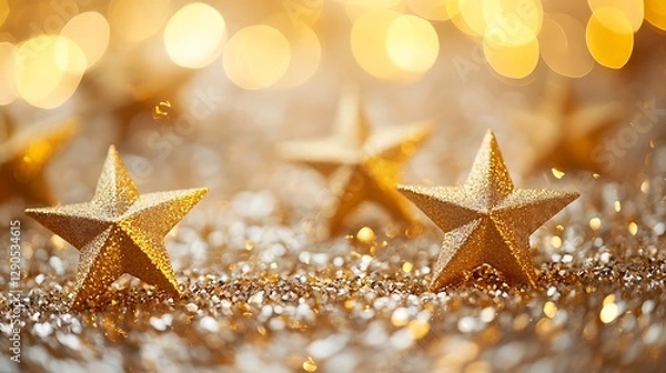 Obraz Golden glittery stars glittered on the sparkling gold background