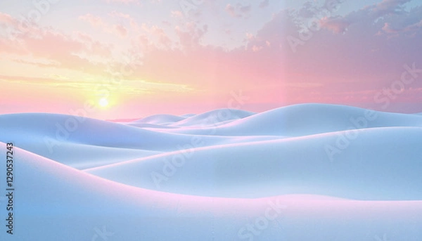 Fototapeta Smooth snow-covered hills bathed in the soft glow of the setting sun, creating a peaceful scene of winter’s gradual end.