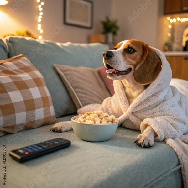 Obraz Beagle dog in a bathrobe watching TV with popcorn on a couch