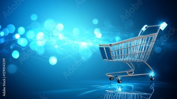 Fototapeta E-commerce, Online Shopping, Digital Retail, Global Market, Virtual Cart, Modern Commerce, Futuristic Shopping,  Cyber Monday, Blue Abstract Background,  E-business, Internet Commerce