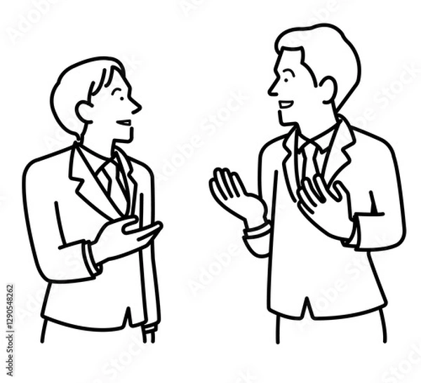 Fototapeta 対話、会話をするビジネスマンのイラスト　線画のみ