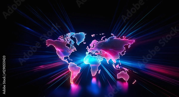 Fototapeta Vibrant world map outlined in neon colors, glows against a dark backdrop.  Electric blue and pink hues illuminate continents, radiating light in a digital style.