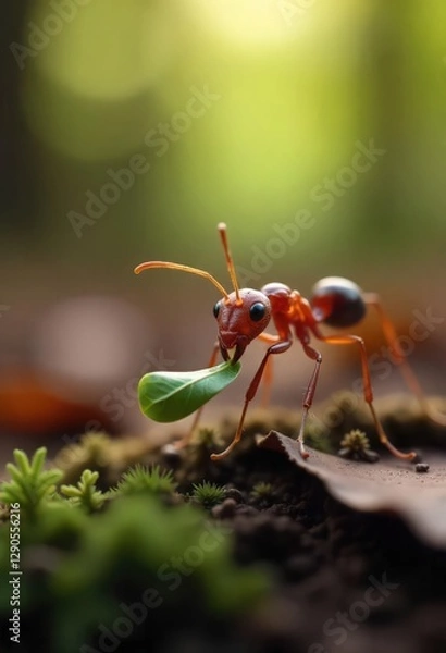 Fototapeta Close-up of a red ant carrying a leaf.