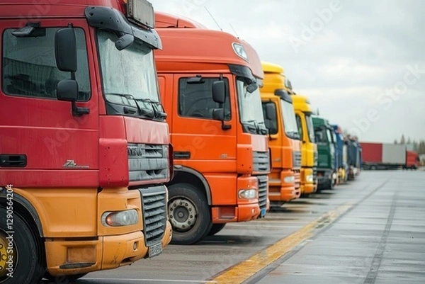 Fototapeta A vibrant line of parked trucks in various colors under a cloudy sky, showcasing the diversity in commercial transport vehicles.